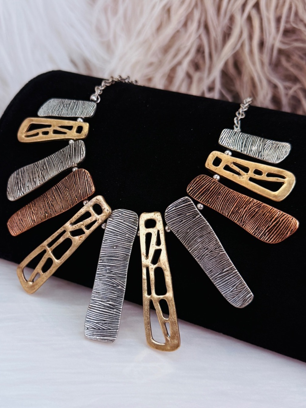 Vintage, multi metal textured modernist statement necklace